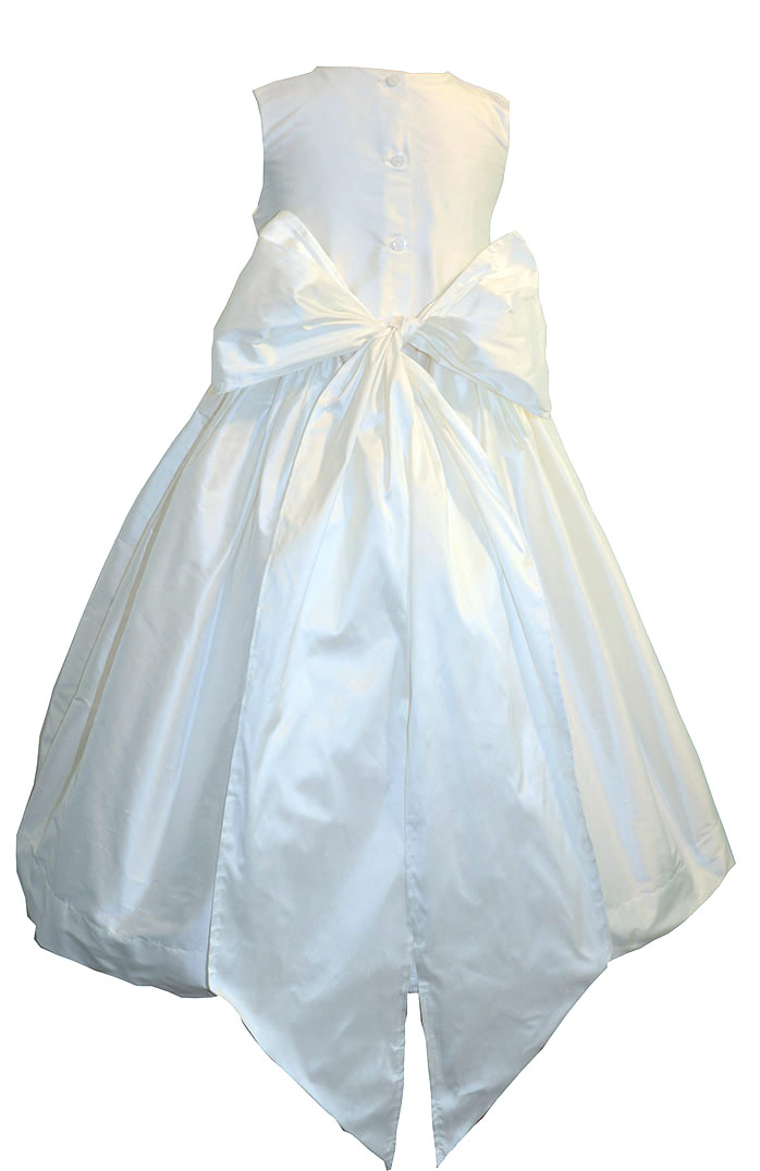 Style 318 Flower Girl Dress in Antique White with Monogramming and a White Silk Sash