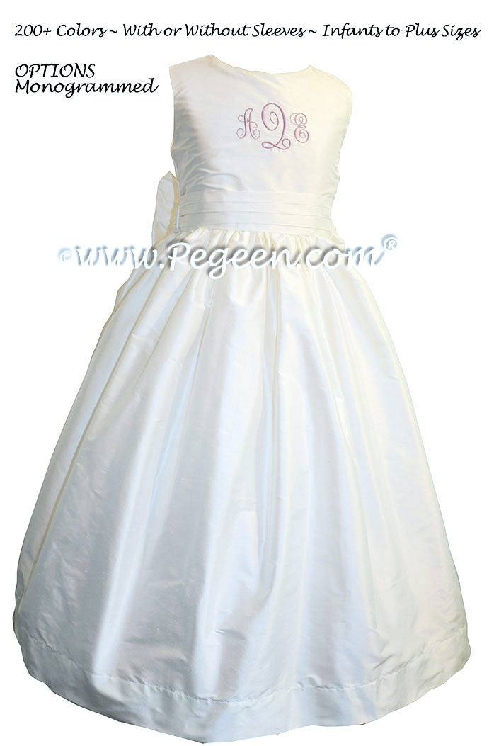 Custom monogrammed Antique White flower girl dress in silk with lilac initials