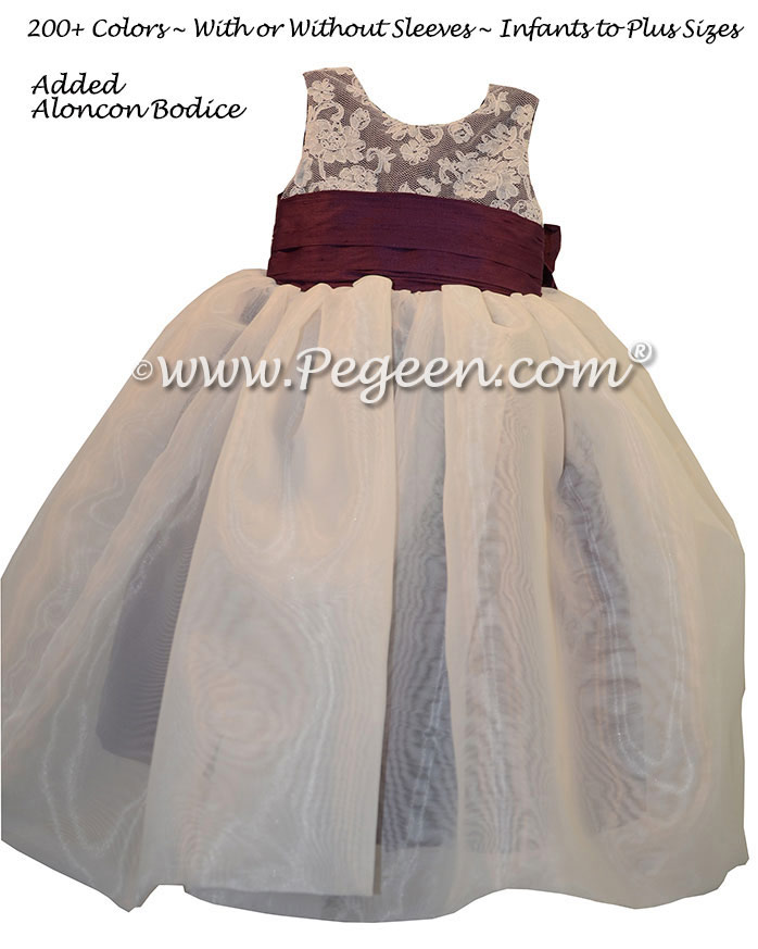 1000 nights  silk and Ivory flower girl dresses with organza skirt and aloncon lace