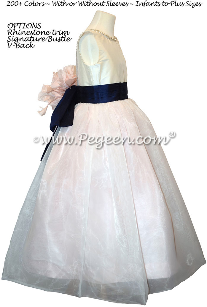 Custom Antique White Silk and Navy Flower Girl Dress with Rhinestones