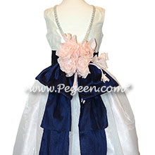Custom Antique White Silk and Navy Flower Girl Dresswith Rhinestones