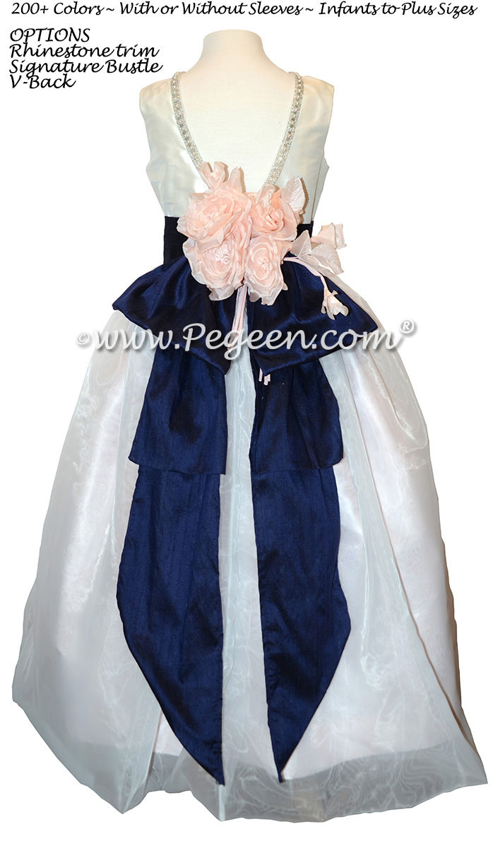 Custom Antique White Silk and Navy Flower Girl Dress with Rhinestones