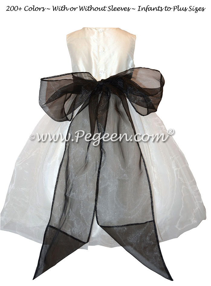 Black Organza Sash and Antique White Infant Flower Girl Dress Style 326