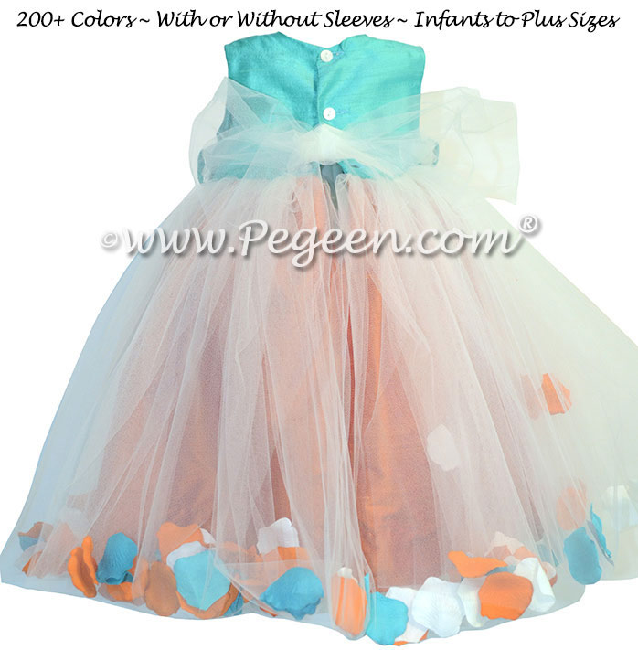 Paradise Blue and Tangerine Orange Silk and Tulle Flower Girl Dresses with Petals in the Skirt