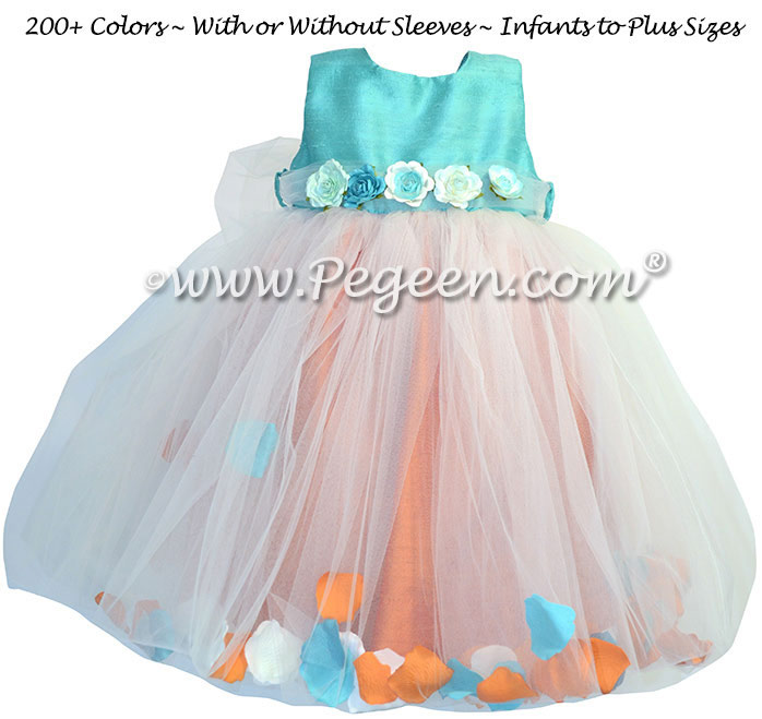 Paradise Blue and Tangerine Orange Silk and Tulle Flower Girl Dresses with Petals in the Skirt