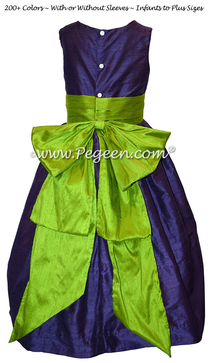 Grass Green and Grape (Purple) Flower Girl Dresses in Silk Style 345