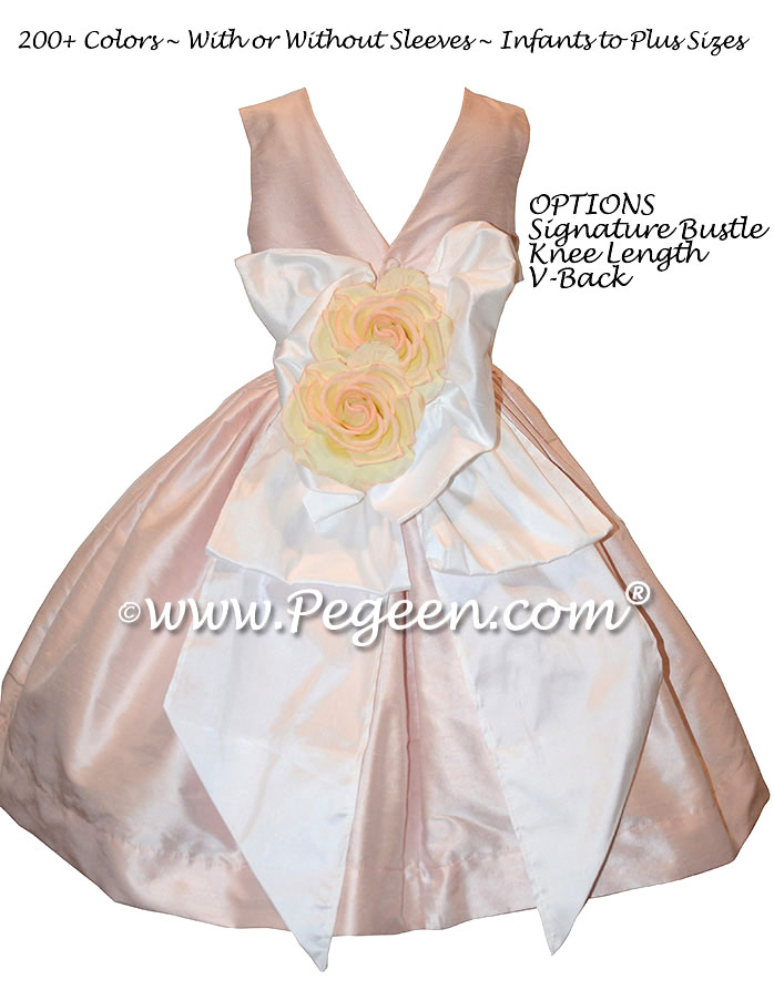 Solid Peony Pink Silk Tea Length Flower Girl Dresses with V-Back | Pegeen