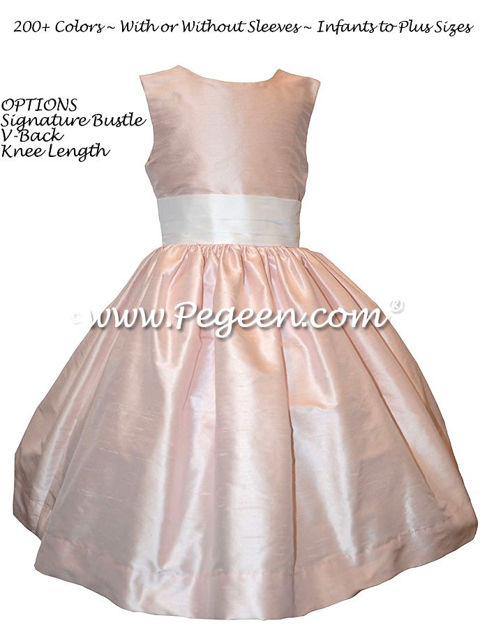 Solid Peony Pink Silk Tea Length Flower Girl Dresses with V-Back | Pegeen