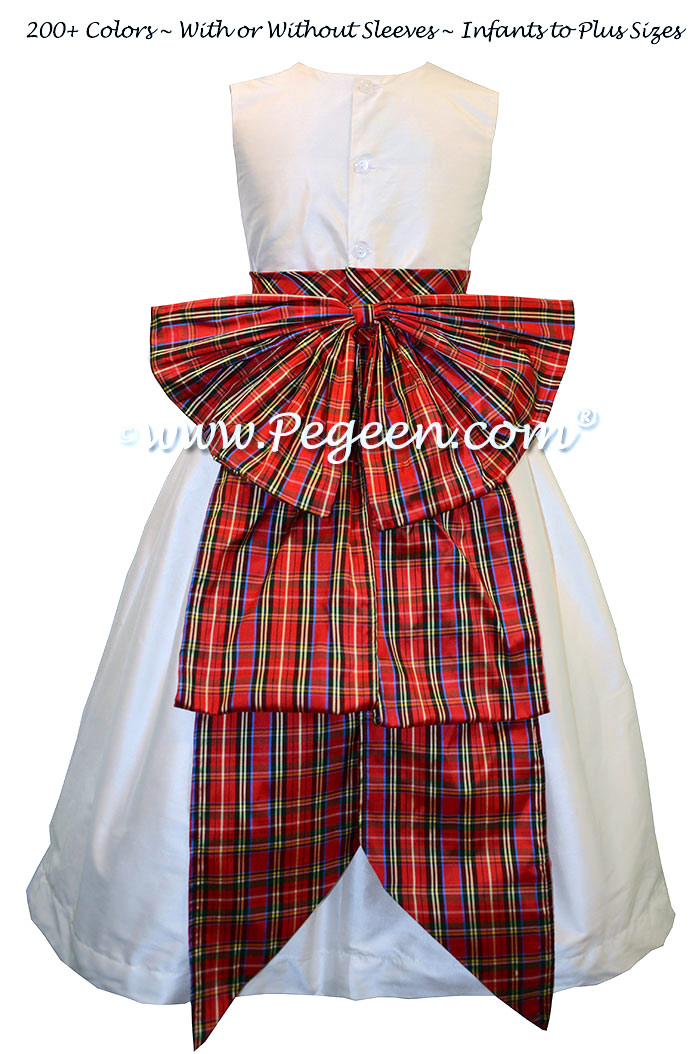 Red Plaid and New Ivory Silk Flower Girl Dresses