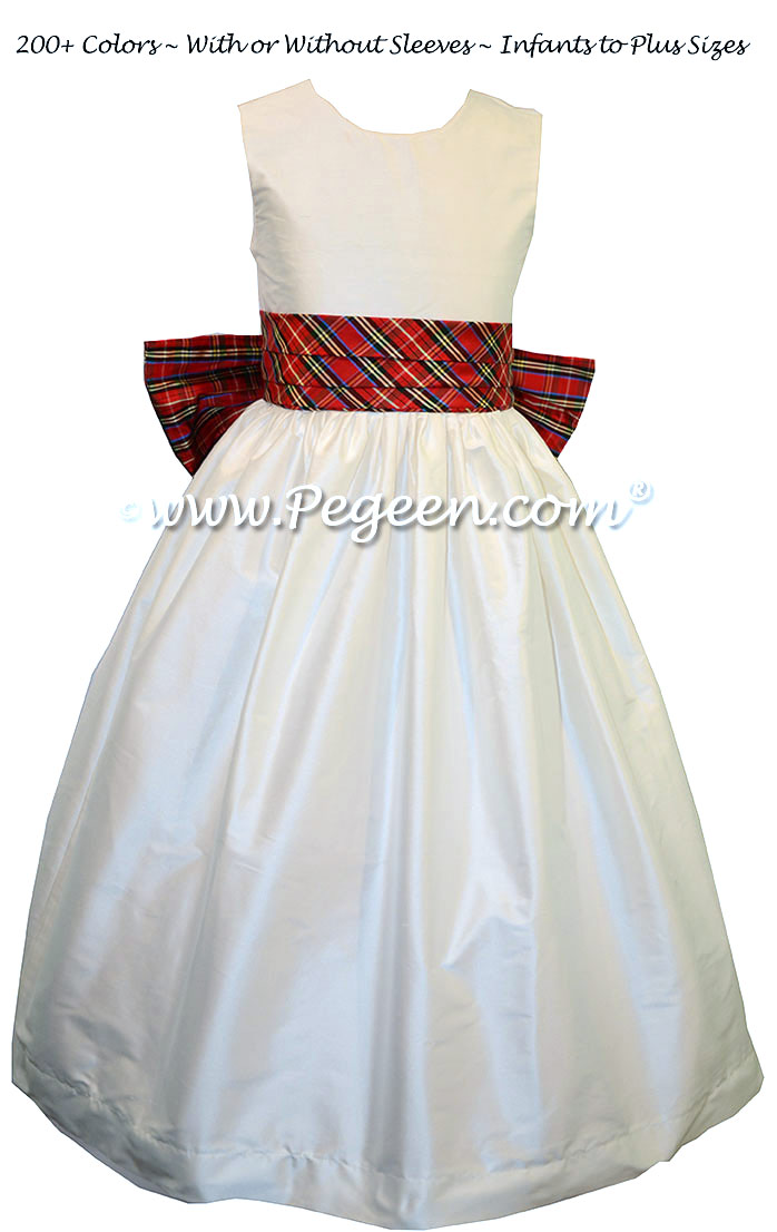 Red Plaid and New Ivory Silk Flower Girl Dresses