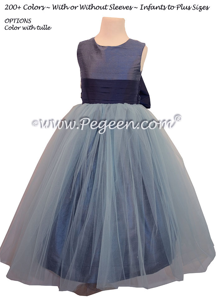 Flower Girl Dresses in Arial Blue and Navy Silk and Tulle
