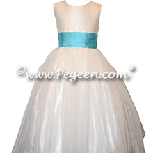 PACIFIC BLUE AND ANTIQUE WHITE SILK & TULLE CUSTOM FLOWER GIRL DRESSES