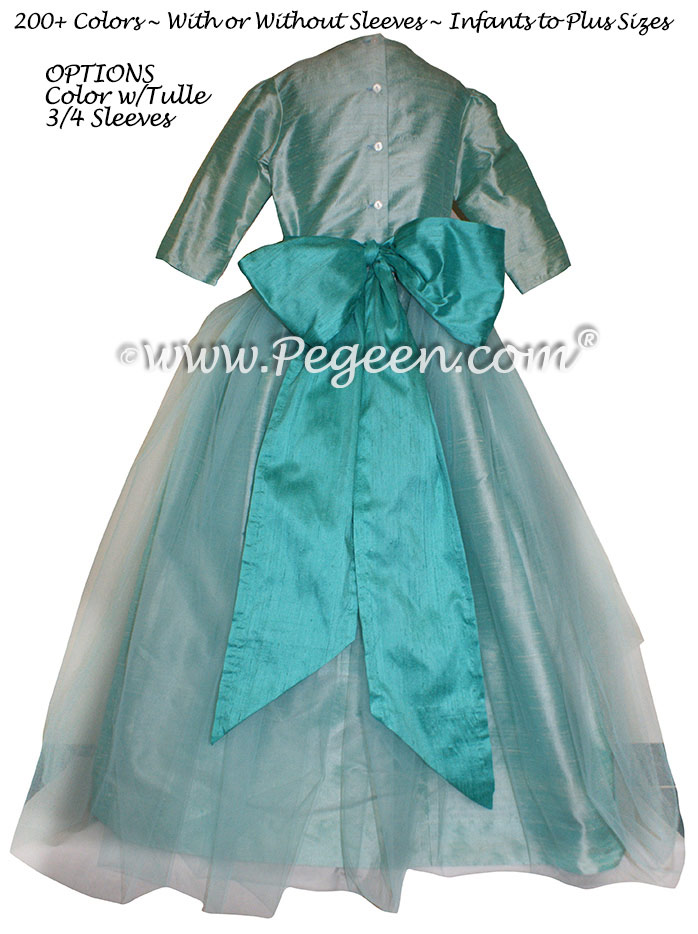Seaside and Paradise Teal Silk with Tulle Flower Girl Dress