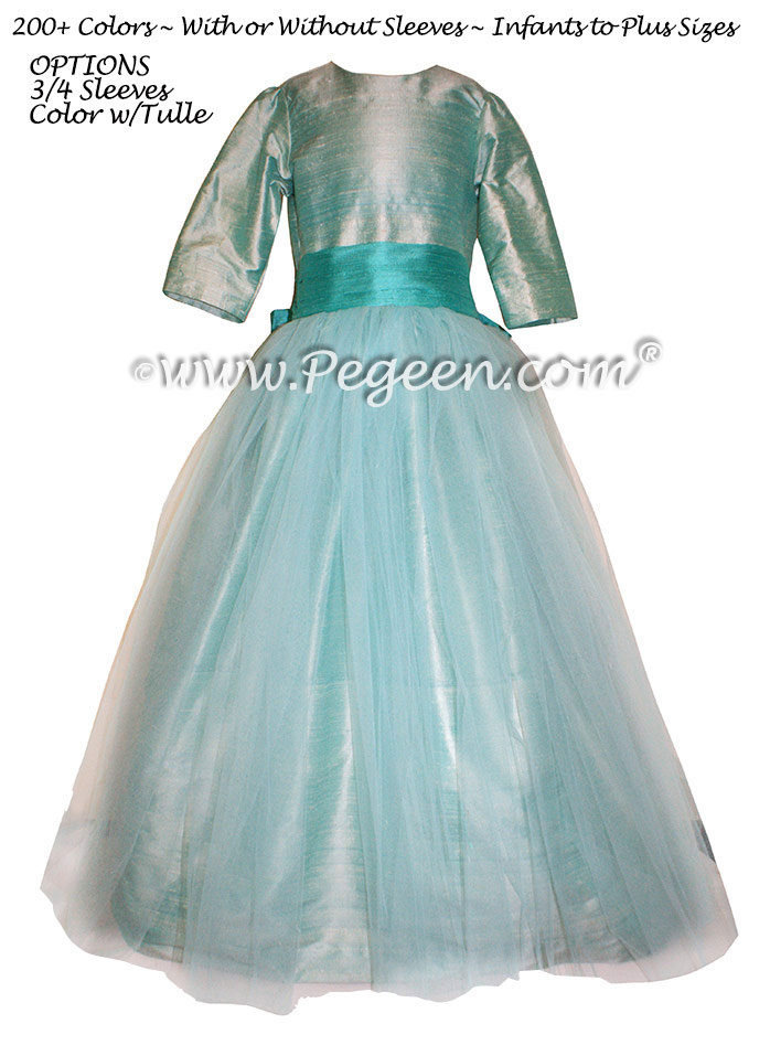 Seaside and Paradise Teal Silk with Tulle Flower Girl Dress