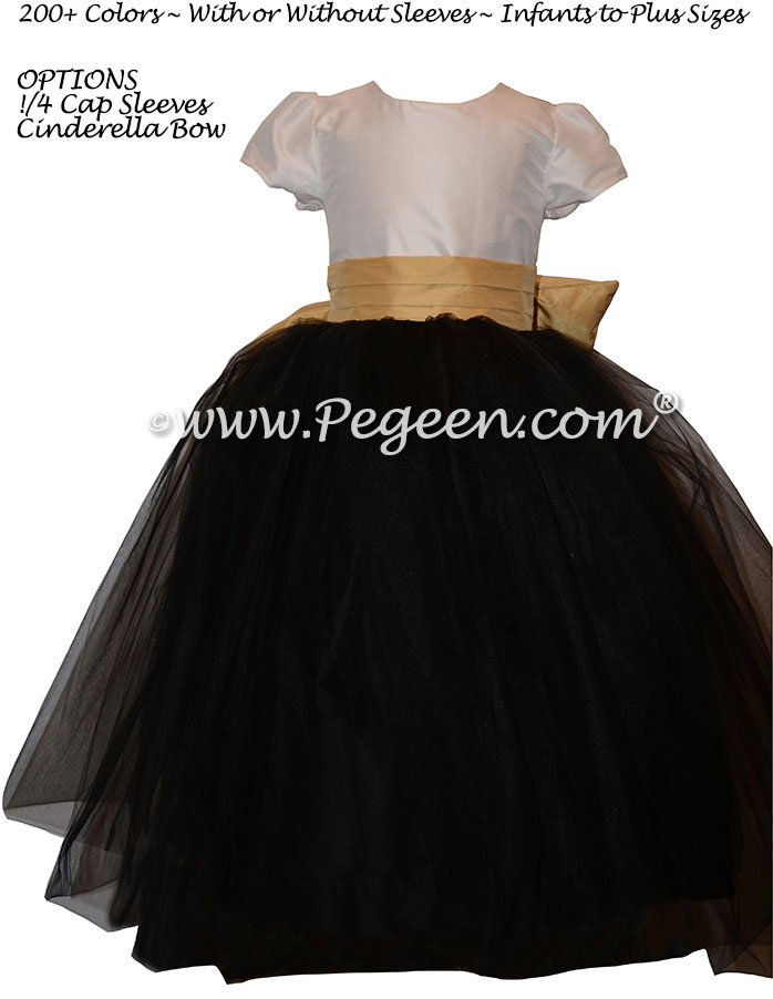 Black, Gold and New Ivory Tulle Custom flower girl dress style 402 by Pegeen