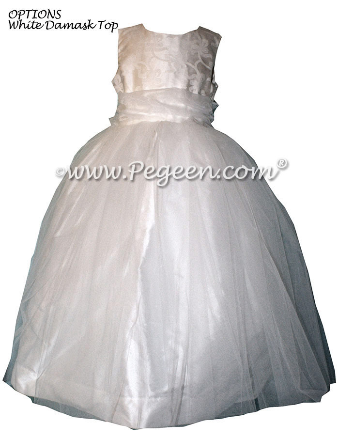 Antique White Damask Tulle Custom Flower Girl Dresses