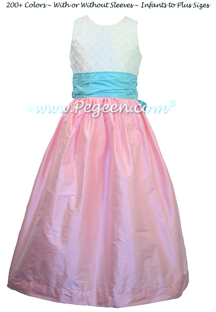 Bubblegum Pink and Turquoise Bahama Breeze and White Pin Tuck Bodice custom  flower girl dresses