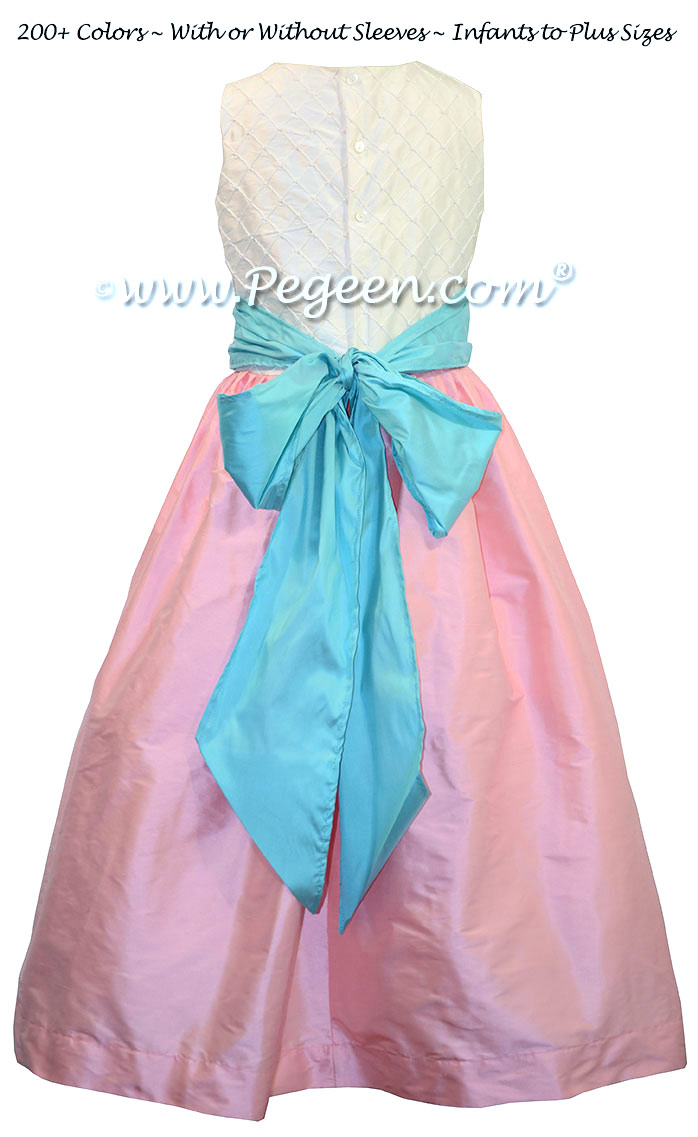 Bubblegum Pink and Turquoise Bahama Breeze and White Pin Tuck Bodice custom  flower girl dresses