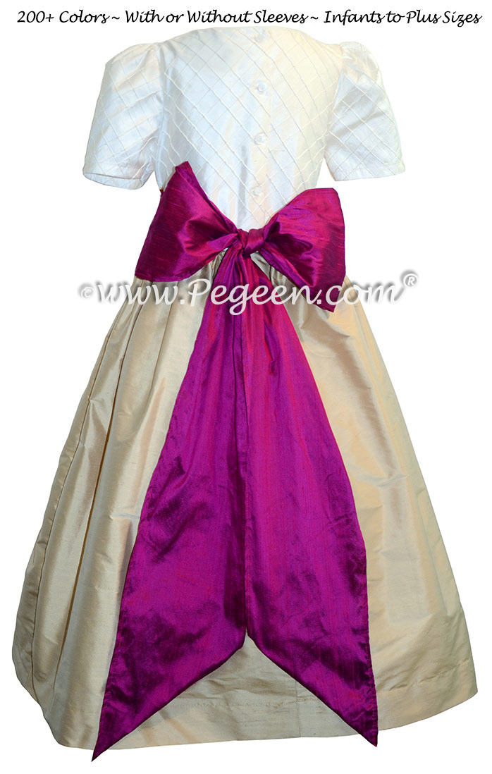 Flamingo Pink and Spun Gold and Ivory Pin Tuck Bodice custom flower girl dresses