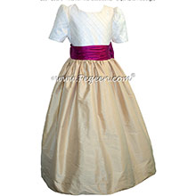 FLOWER GIRL DRESSES in Flamingo Pink and Pure Goldand White Pin Tuck Bodice