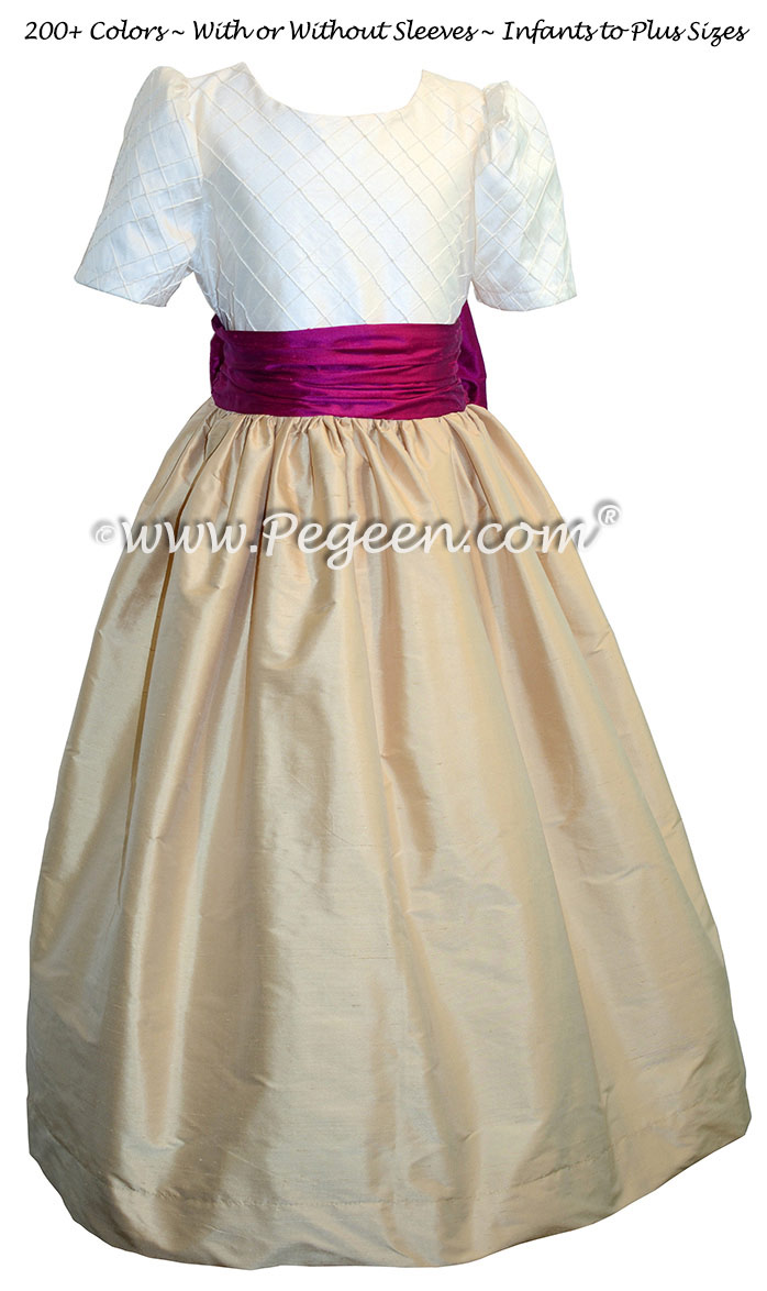 Flamingo Pink and Spun Gold and Ivory Pin Tuck Bodice custom flower girl dresses