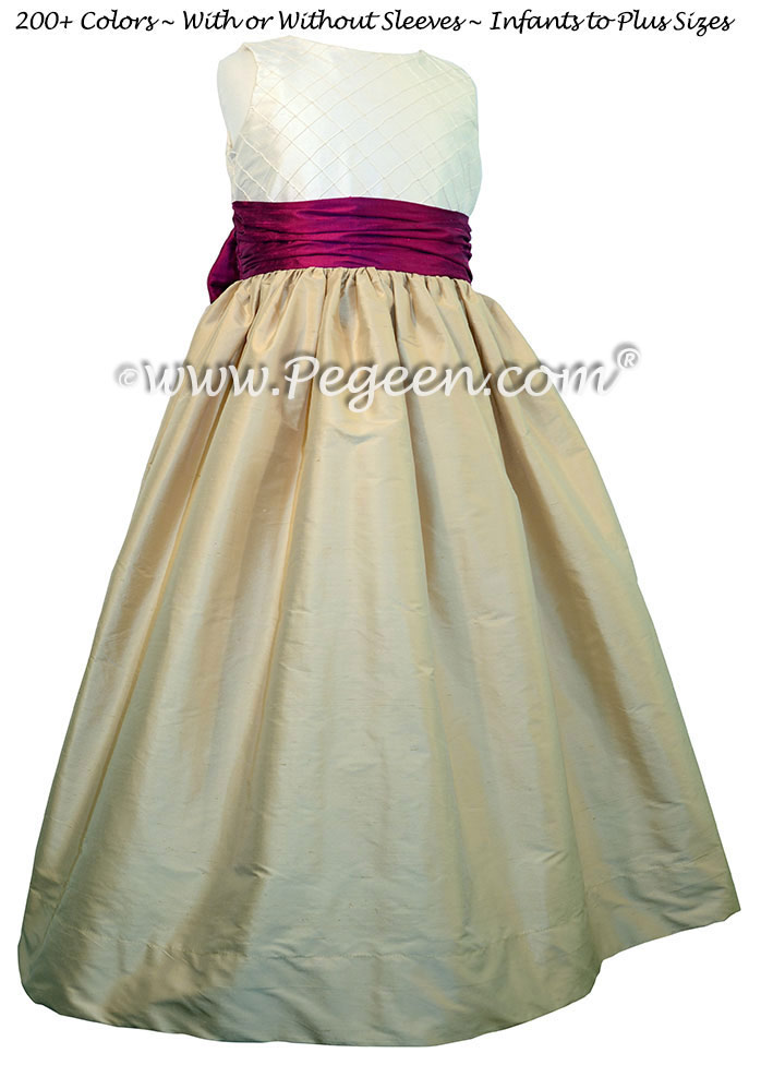 Spun gold, flamingo pink and Ivory Pin Tuck Bodice custom flower girl dresses