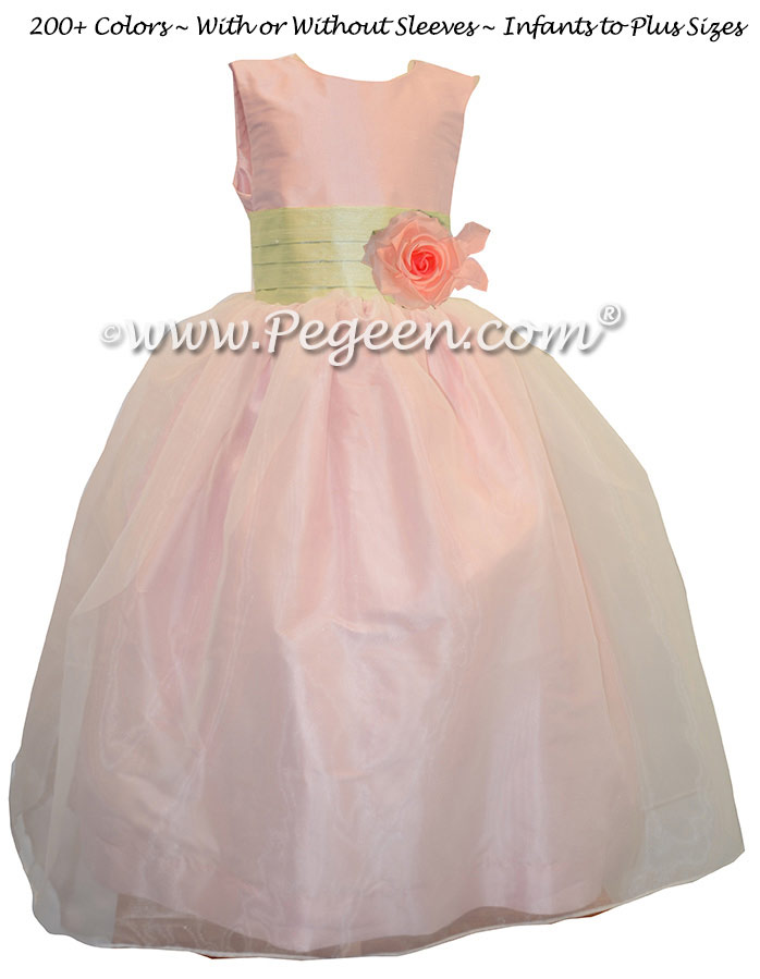 Petal Pink, Summer Green and Ivory silk and organza custom Flower Girl Dress by Pegeen