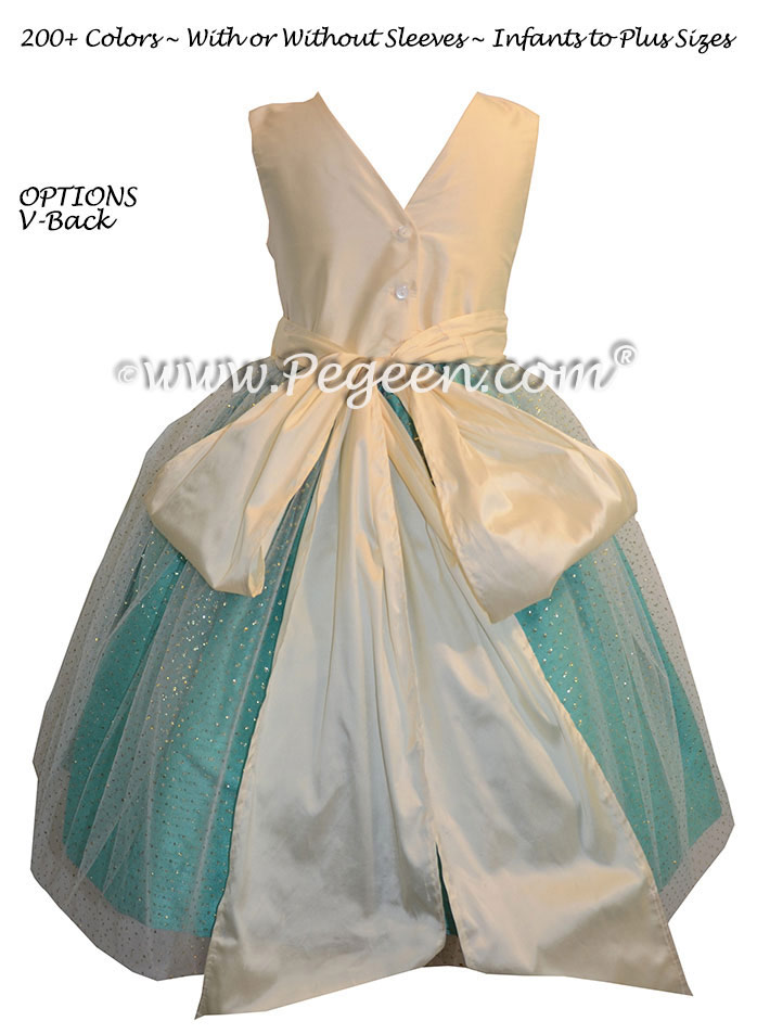 Paradise blue silk, antique white with Tiffany Aqua tulle dress - custom flower girl dresses