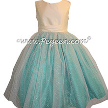 Flower girl dresses in Paradise Blue and Bisque Glitter Tulle