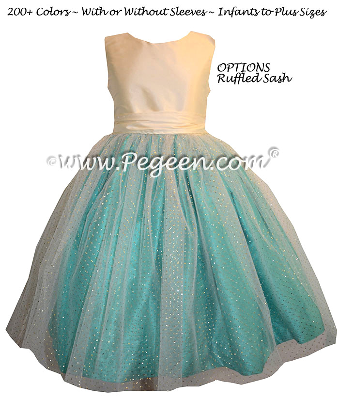 Flower girl dresses in Paradise Blue and Bisque Glitter Tulle