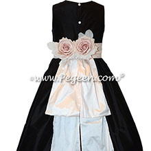 Champagne Pink and Black Custom Silk Flower Girl Dresses with back roses