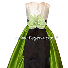 Grass green and semi-sweet chocolate flower girl dress in silk