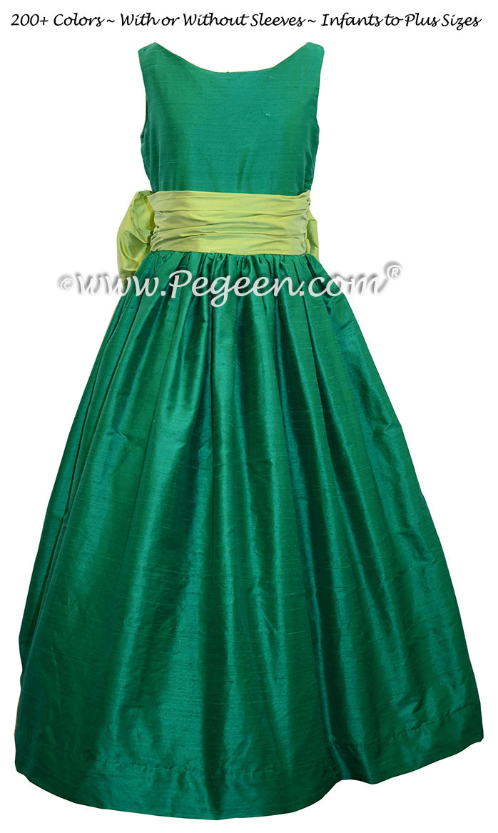 Emerald and Sprite Green silk flower girl dresses