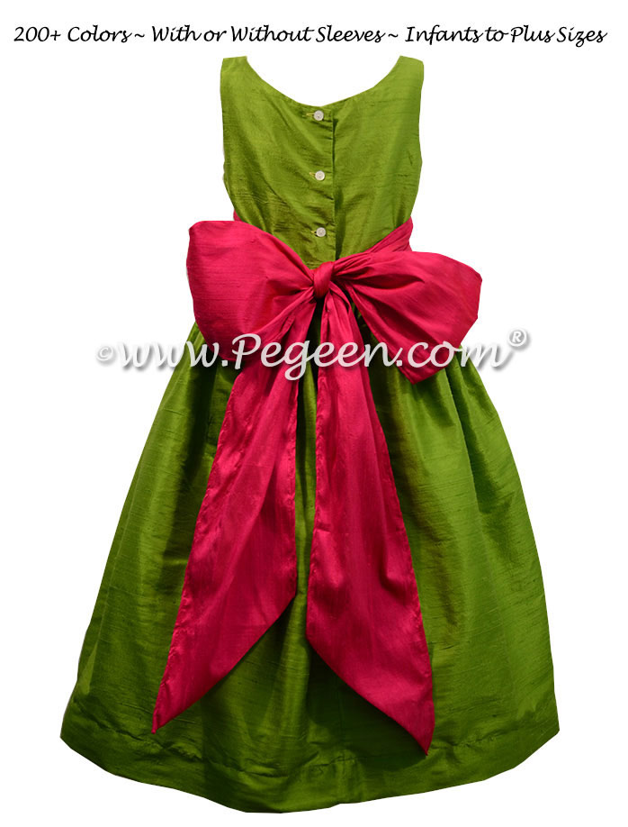 Flower Girl Dress in Grass Green and Raspberry Pink - Pegeen Style 388