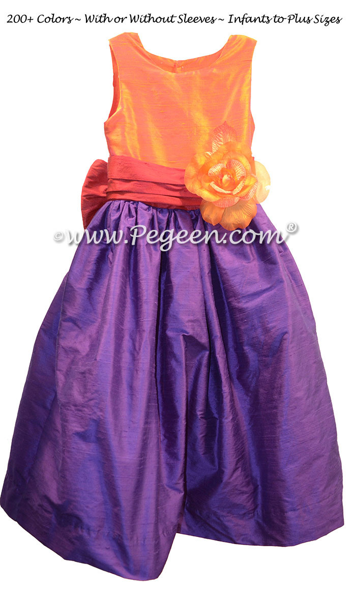 Mango, Lipstick Pink, Grass Green and Royal Purple flower girl dresses in silk style 404