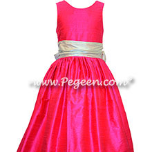Platinum gray and shock pink silk flower girl dresses