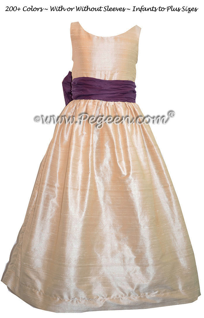 Blush Pink Jr Bridesmaids Dress with Eggplant Sash | Pegeen