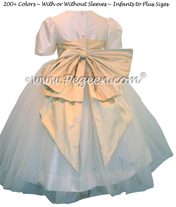 Spun Gold silk flower girl dresses with silk bow