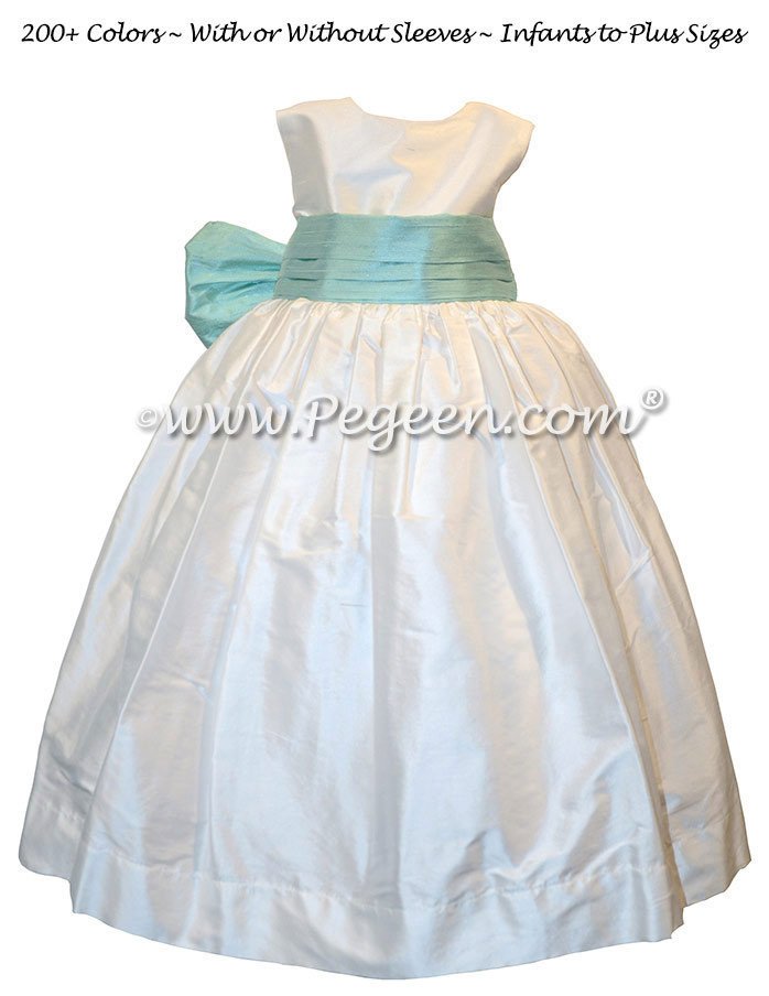 Toddler Aqualine and Antique White Silk Flower Girl Dresses Style 398