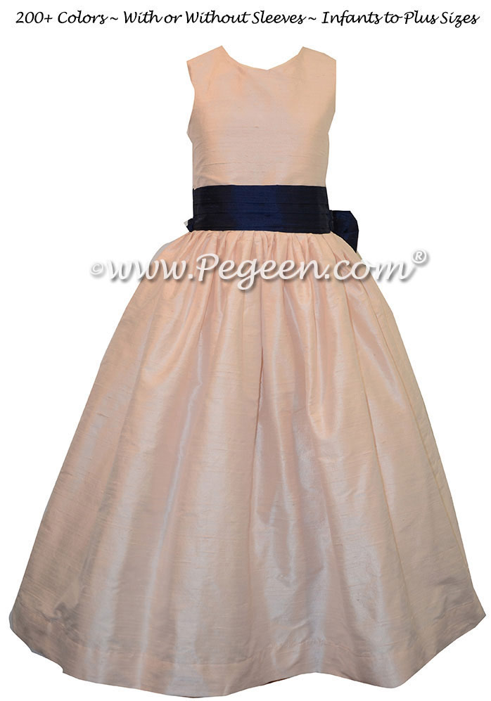 Flower girl dresses in Ballet Pink and Navy Blue silk style 398 | Pegeen