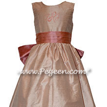 Monogrammed Flower Girl Dress with Coral Rose and Sash Monogram and Peach Silk | Pegeen