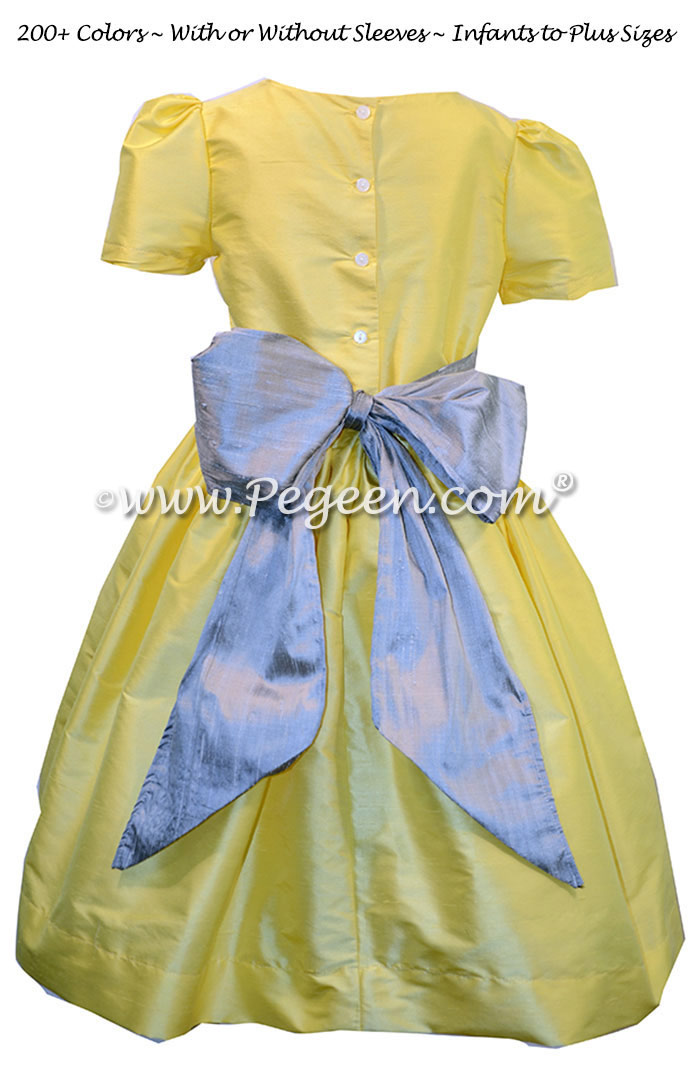 Custom Silk Flower Girl Dresses in Silver Gray and Saffron Yellow | Pegeen 