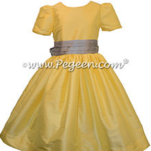 Silver Gray and Saffron Yellow Custom Silk Flower Girl Dresses