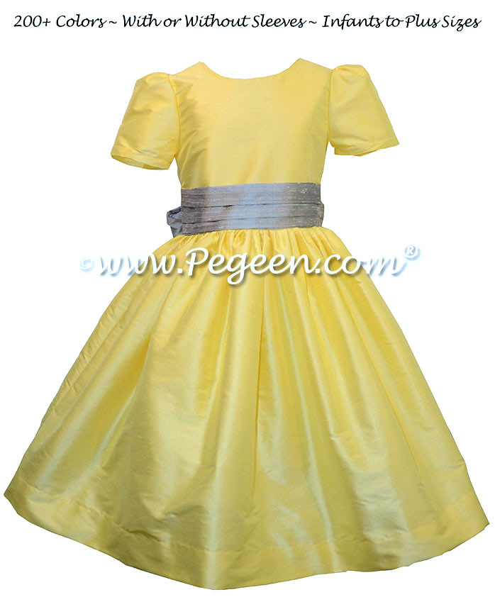 Custom Silk Flower Girl Dresses in Silver Gray and Saffron Yellow | Pegeen 