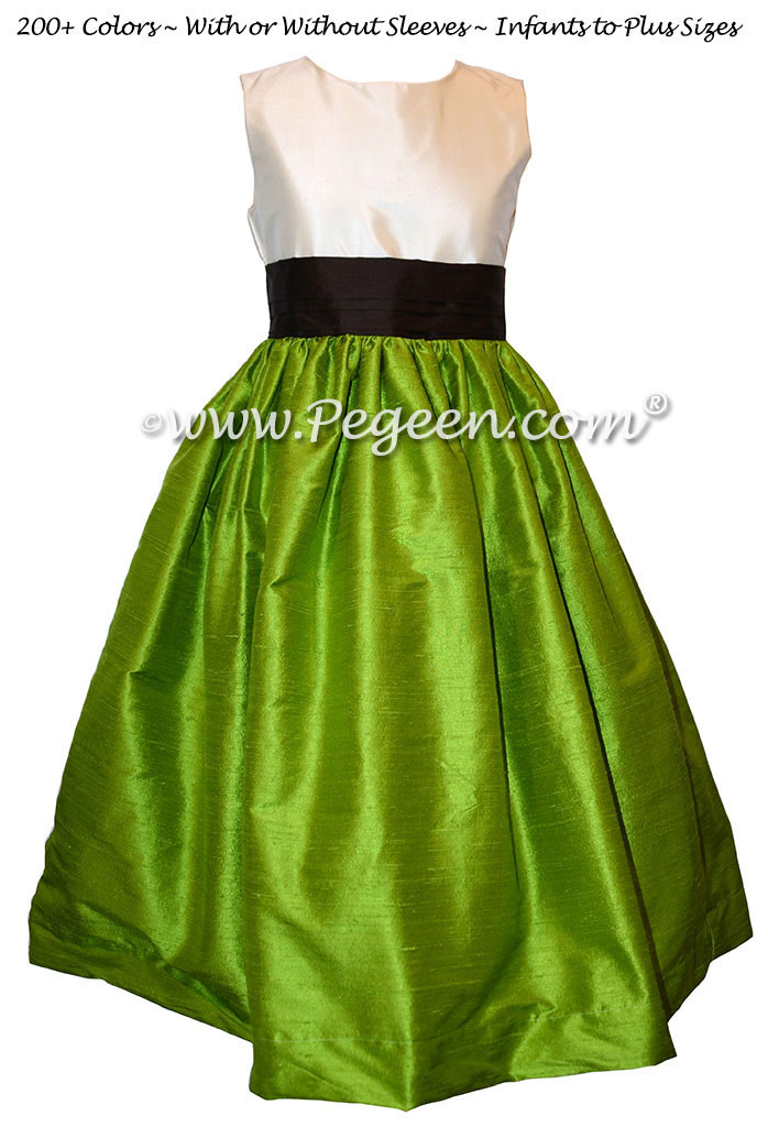 Simple Style Grass green and semi-sweet chocolate flower girl dress in silk