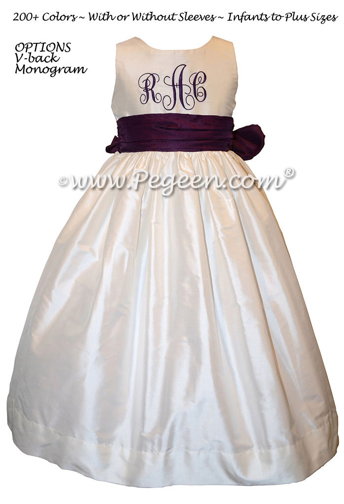 Monogrammed ivory and eggplant silk flower girl dresses