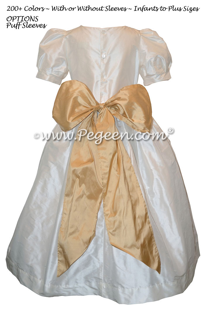 Custom Silk Flower Girl Dress Style 398 with Monogramming in Spun Gold