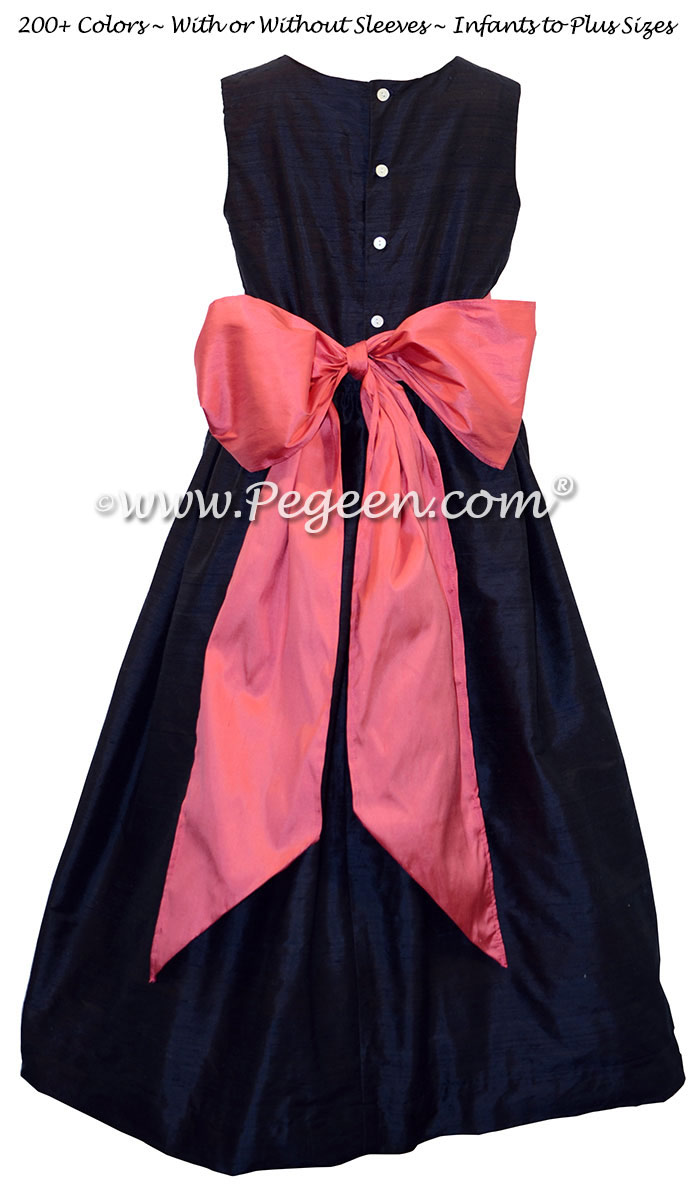 Navy and lollipop pink silk flower girl dresses