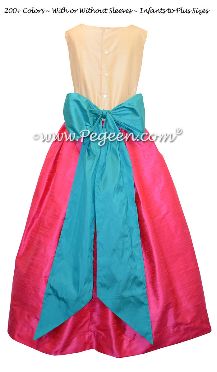 Flower Girl Dresses in bisque, luscious pink and oceanic (turquoise) silk custom style 398