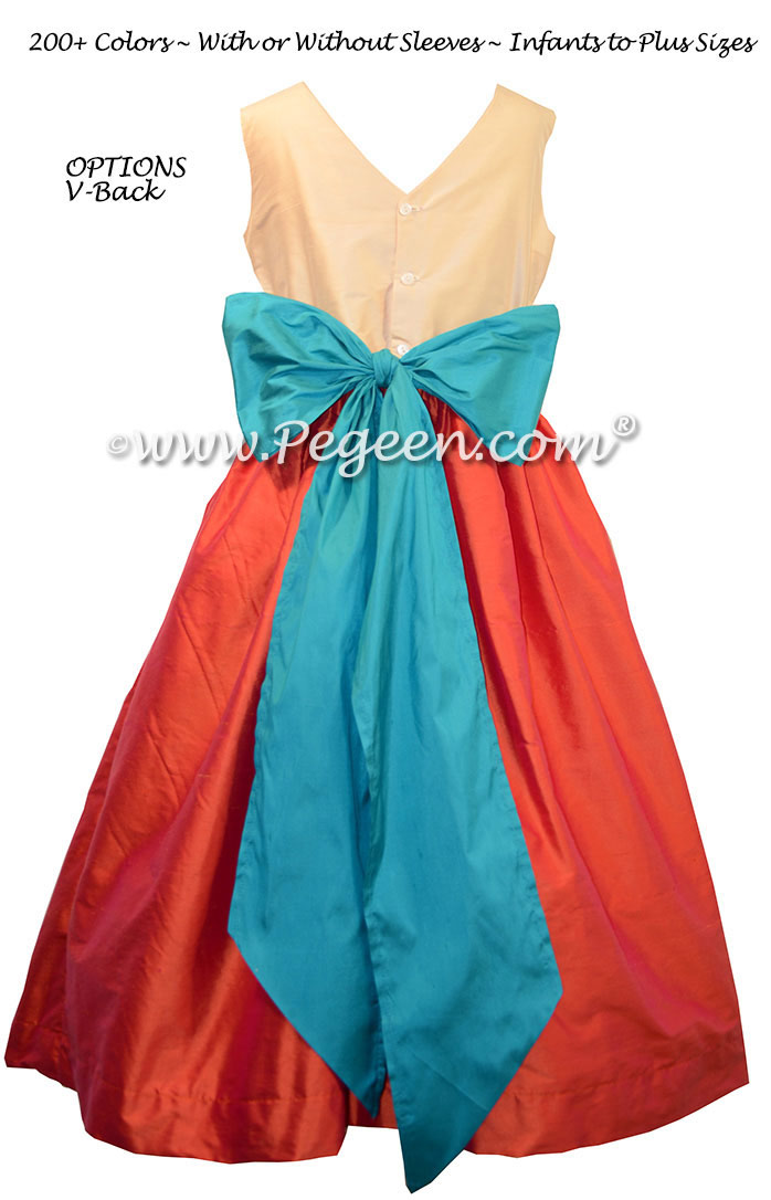 Flower Girl Dresses in bisque, fire (mango, orange) and oceanic (turquoise) silk custom style 398